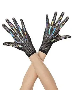 Spirit Halloween Holographic Skeleton Fishnet Gloves