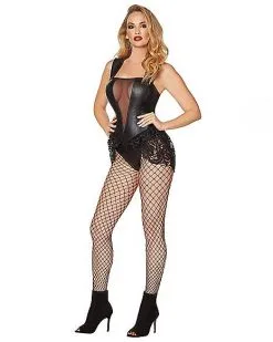 Spirit Halloween Adult Black Faux Leather And Lace Bodysuit -Halloween Clothing Theme Store 01481183 c