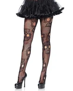 Spirit Halloween Adult Black Decorated Skull Tights -Halloween Clothing Theme Store 07406721 a